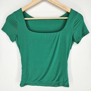 Green Square Neck Womens Small S Short Sleeve Soft Shirt Stretch Basic Fairy